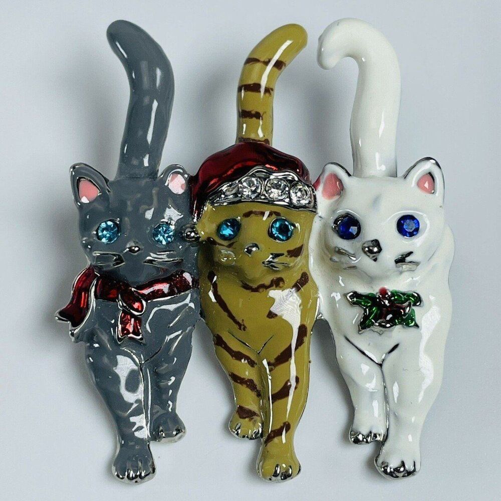 Christmas Holidays Cats Enamel Pin Brooch Cute Kittens Rhinestone Jewelry